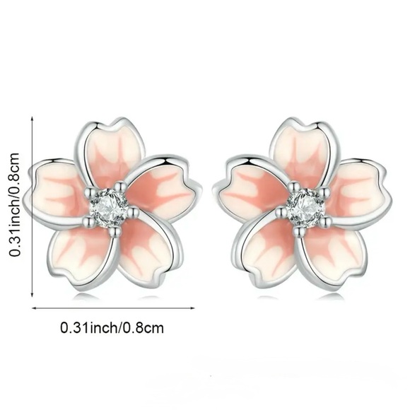 Sterling Silver Pink Flower Earrings - Picture 5 of 6